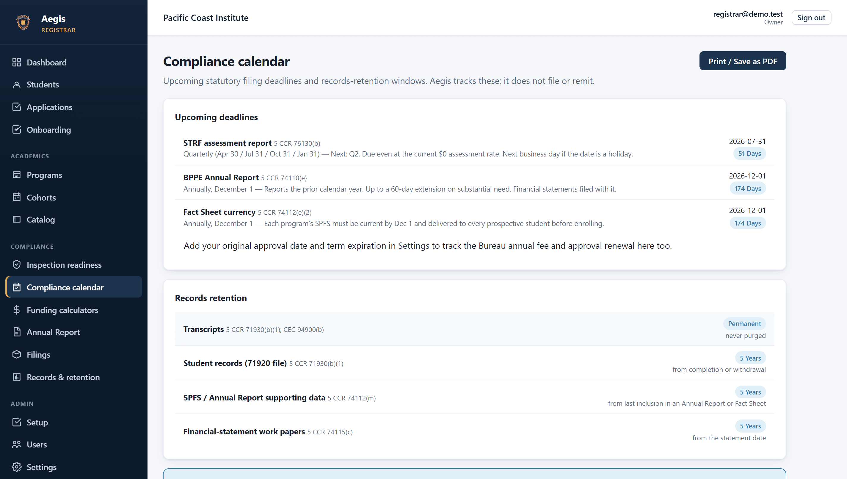 Compliance calendar of statutory filing deadlines with citations and retention windows