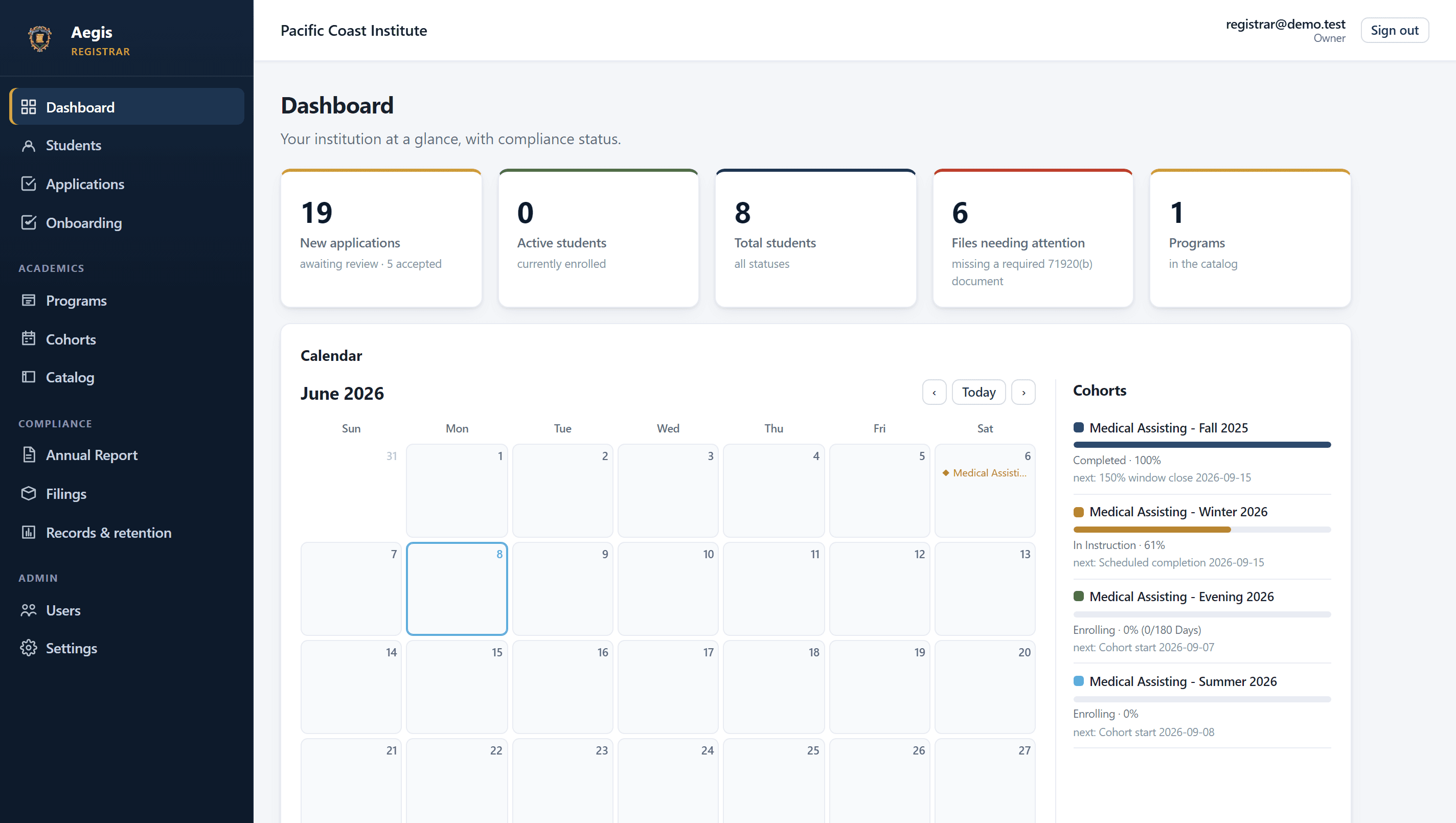 Aegis Registrar dashboard showing cohorts, upcoming deadlines, and compliance status
