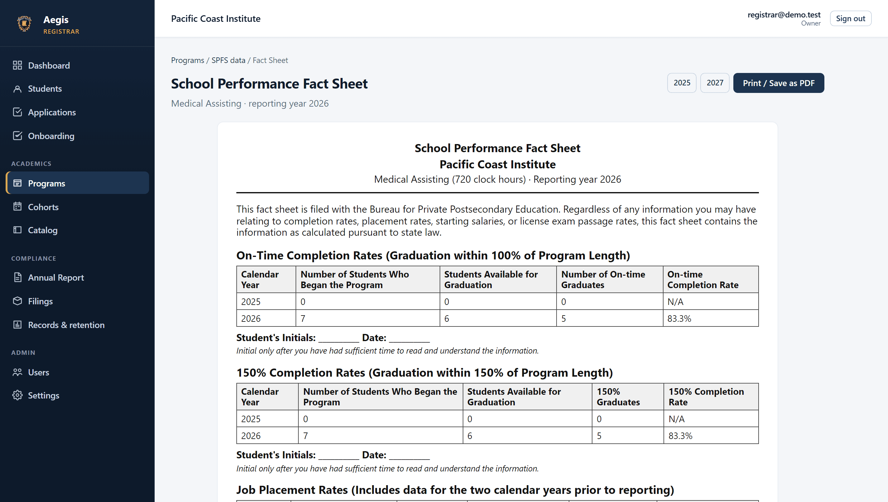 School Performance Fact Sheet rendered as a filing-ready document
