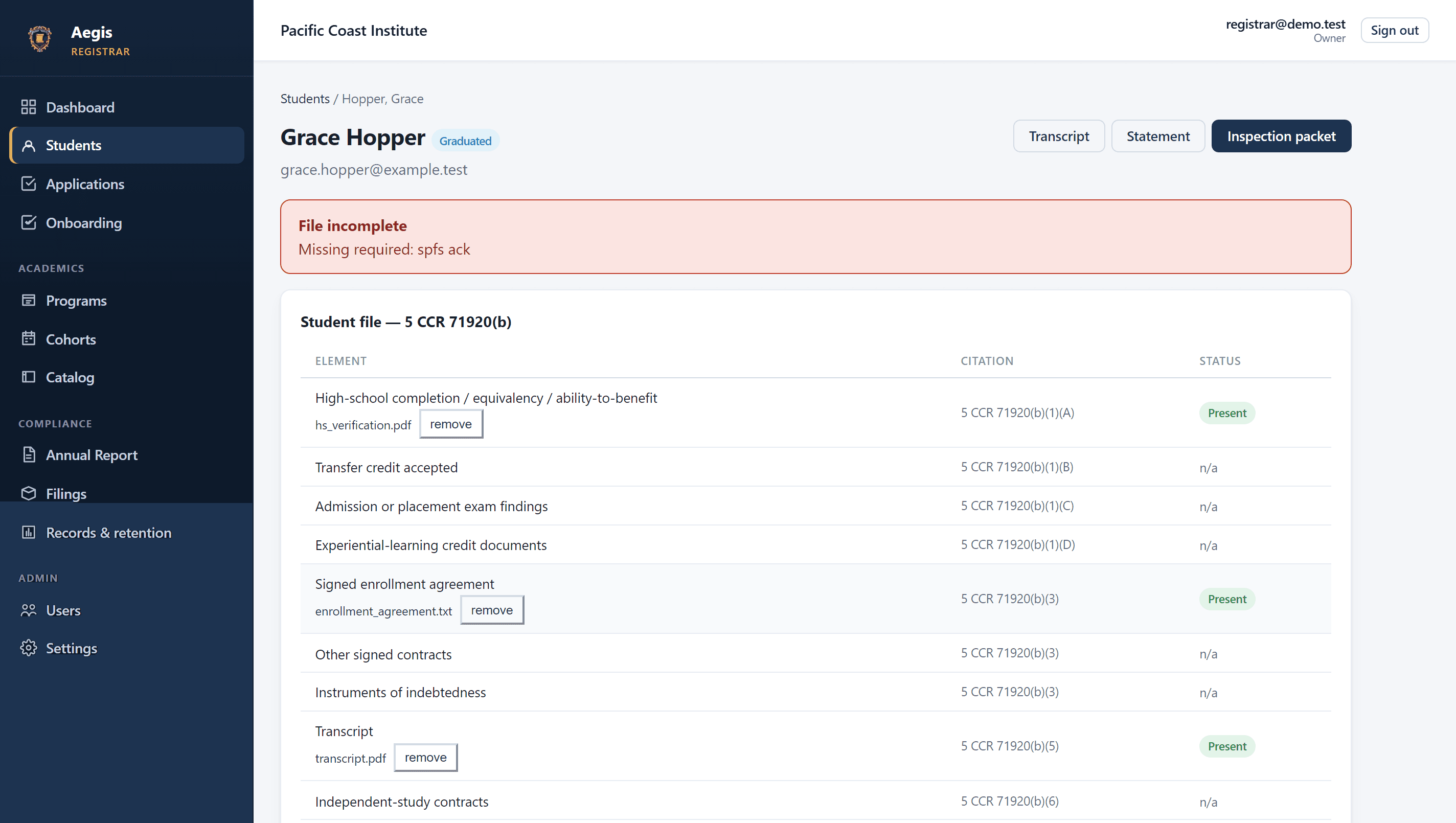 A complete student file with status history, documents, and outcomes